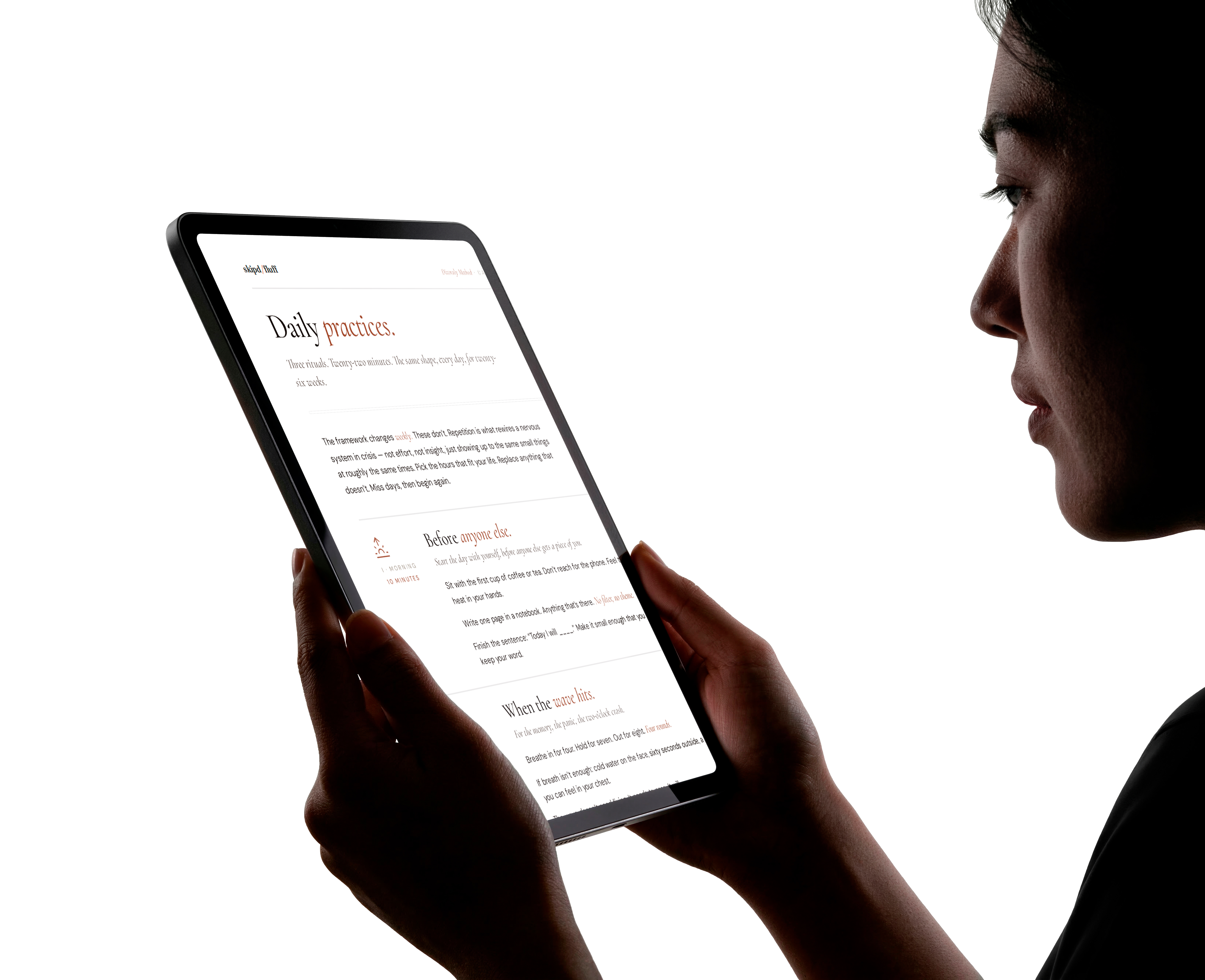 The Divoraly Method daily practices on a tablet — three small rituals for morning, midday, and evening