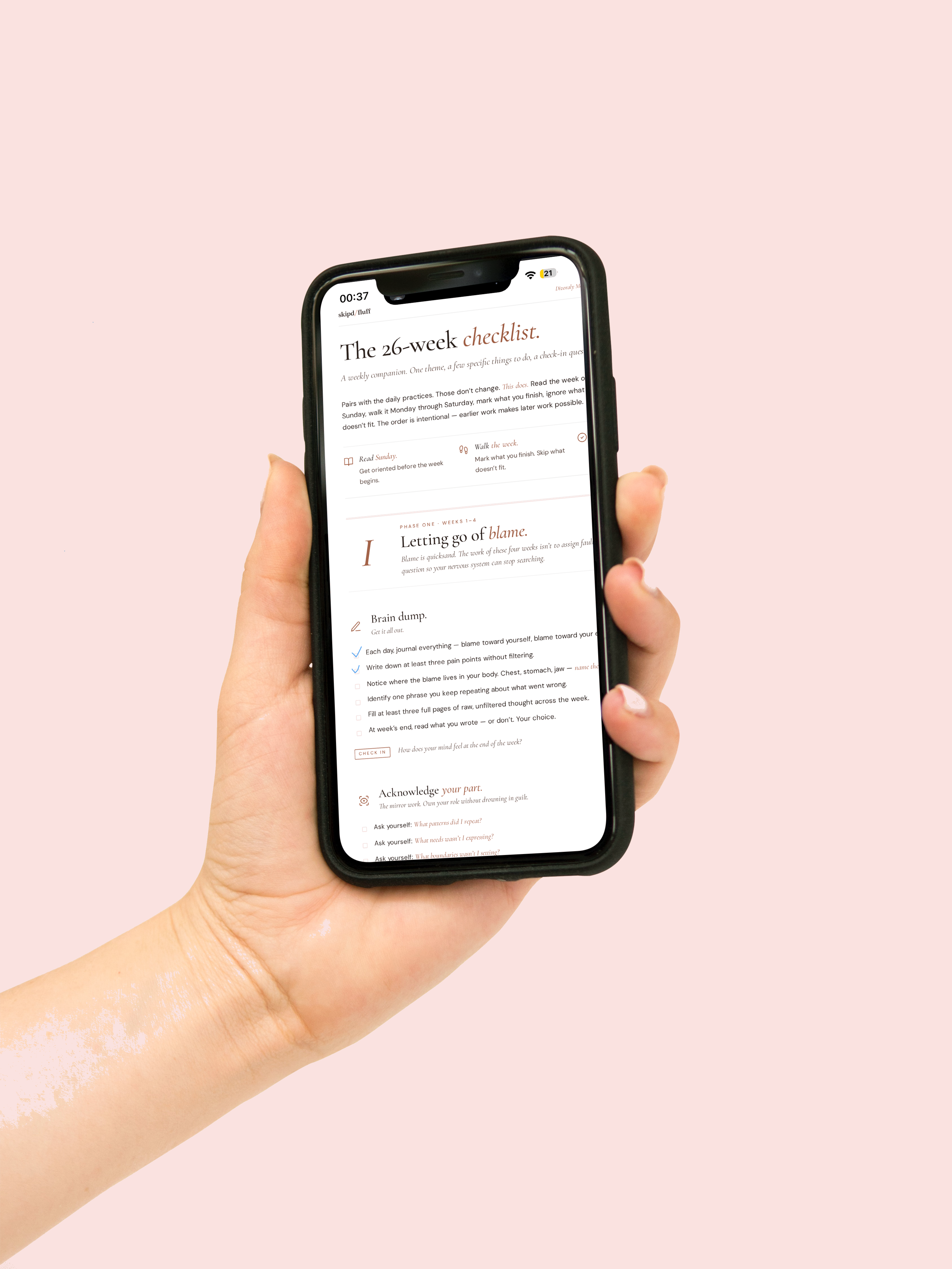 The Divoraly Method 26-week checklist displayed on an iPhone — read on any device, anywhere